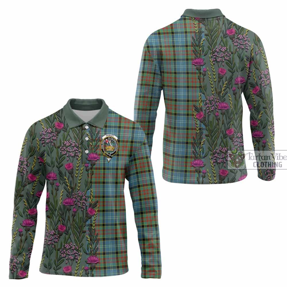 Paisley Family Crest Tartan Long Sleeve Polo Shirt Scottish Thistle Flower Pattern Half Style - Tartan Vibes Clothing