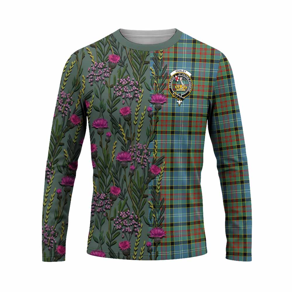 Paisley Family Crest Tartan Long Sleeve T-Shirt Scottish Thistle Flower Pattern Half Style - Tartan Vibes Clothing