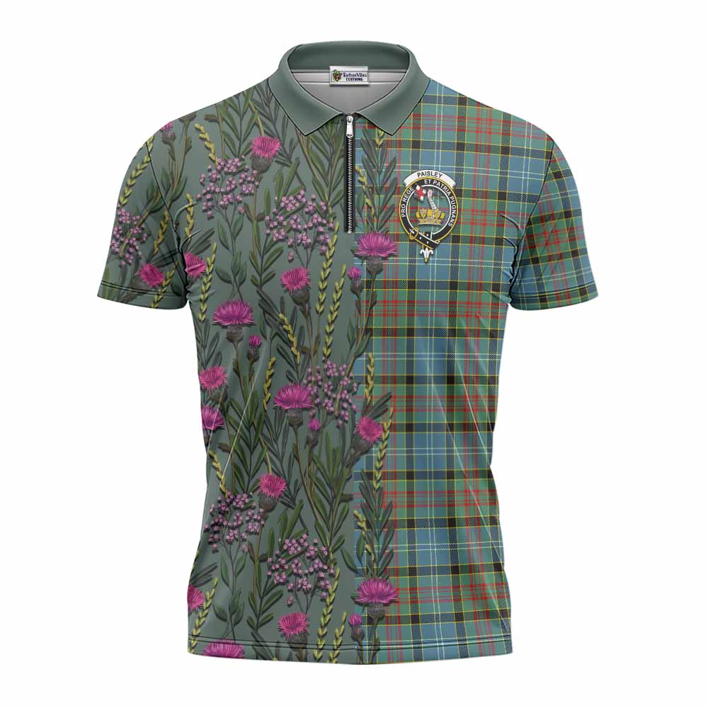 Paisley Family Crest Tartan Zipper Polo Shirt Scottish Thistle Flower Pattern Half Style - Tartan Vibes Clothing