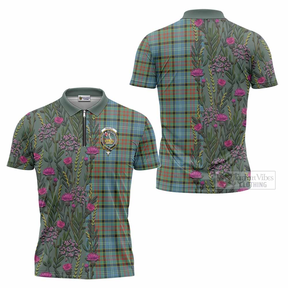Paisley Family Crest Tartan Zipper Polo Shirt Scottish Thistle Flower Pattern Half Style - Tartan Vibes Clothing