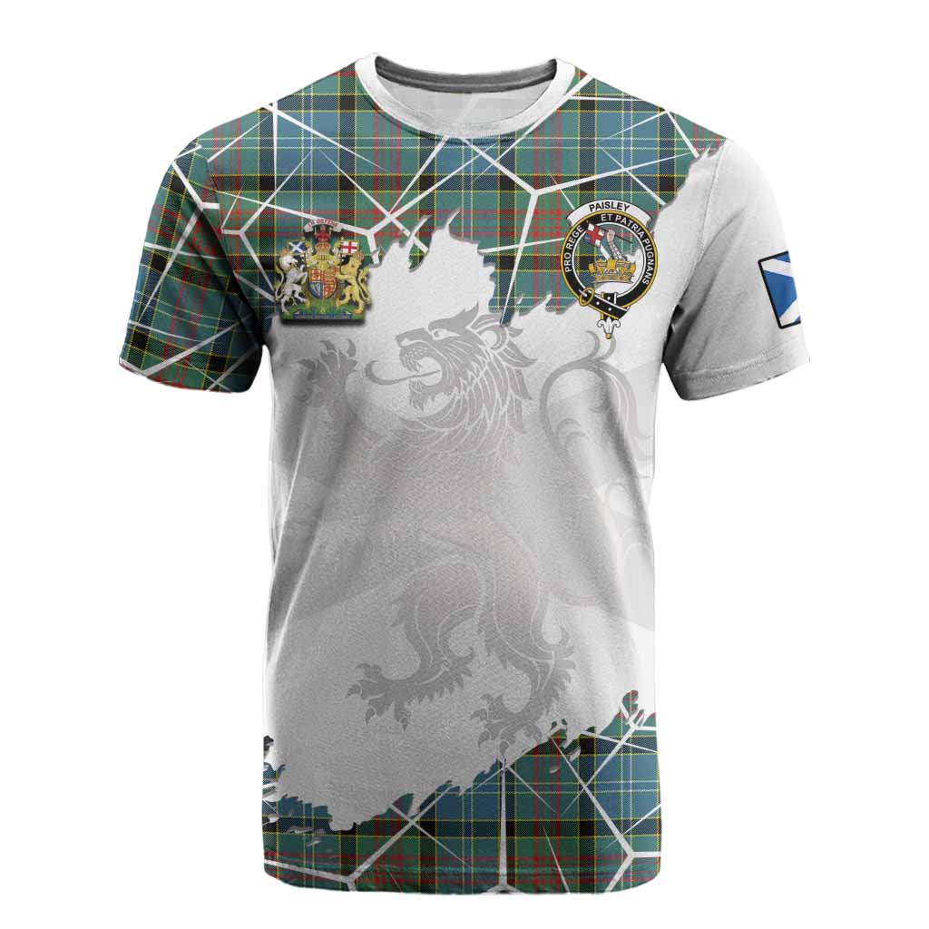 Paisley Tartan Cotton T-shirt with Family Crest and Lion Rampant Grunge Style