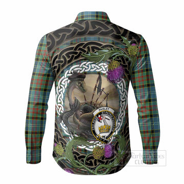 Paisley Tartan Crest Bagpipe Nessie Long Sleeve Button Shirts Scottish Loch Ness Monster Celtic Thistle