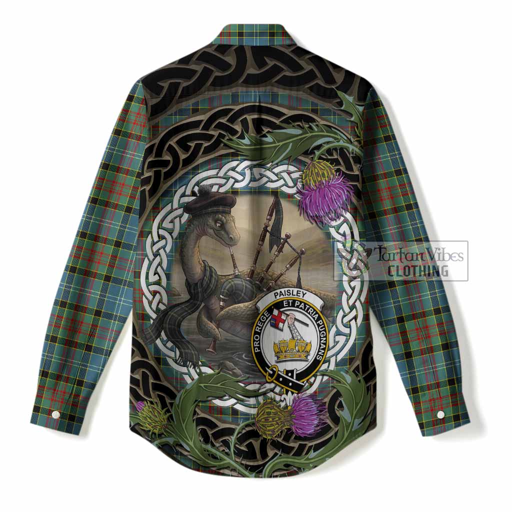 Paisley Tartan Crest Bagpipe Nessie Women Casual Shirt Scottish Loch Ness Monster Celtic Thistle