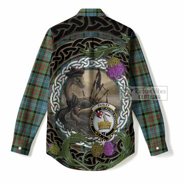 Paisley Tartan Crest Bagpipe Nessie Women Casual Shirt Scottish Loch Ness Monster Celtic Thistle