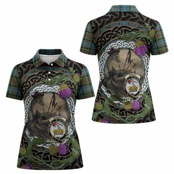 Paisley Tartan Crest Bagpipe Nessie Women Polo Shirt Scottish Loch Ness Monster Celtic Thistle