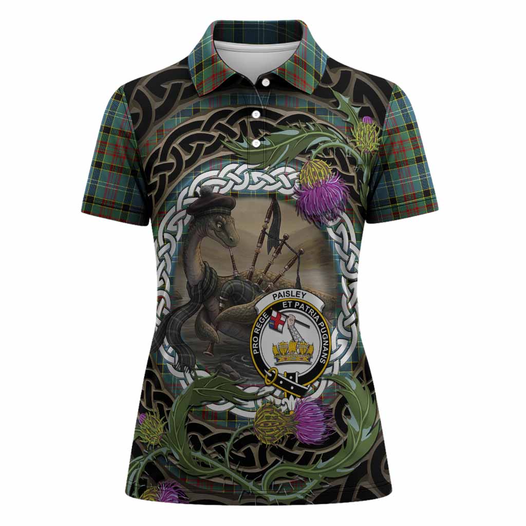 Paisley Tartan Crest Bagpipe Nessie Women Polo Shirt Scottish Loch Ness Monster Celtic Thistle