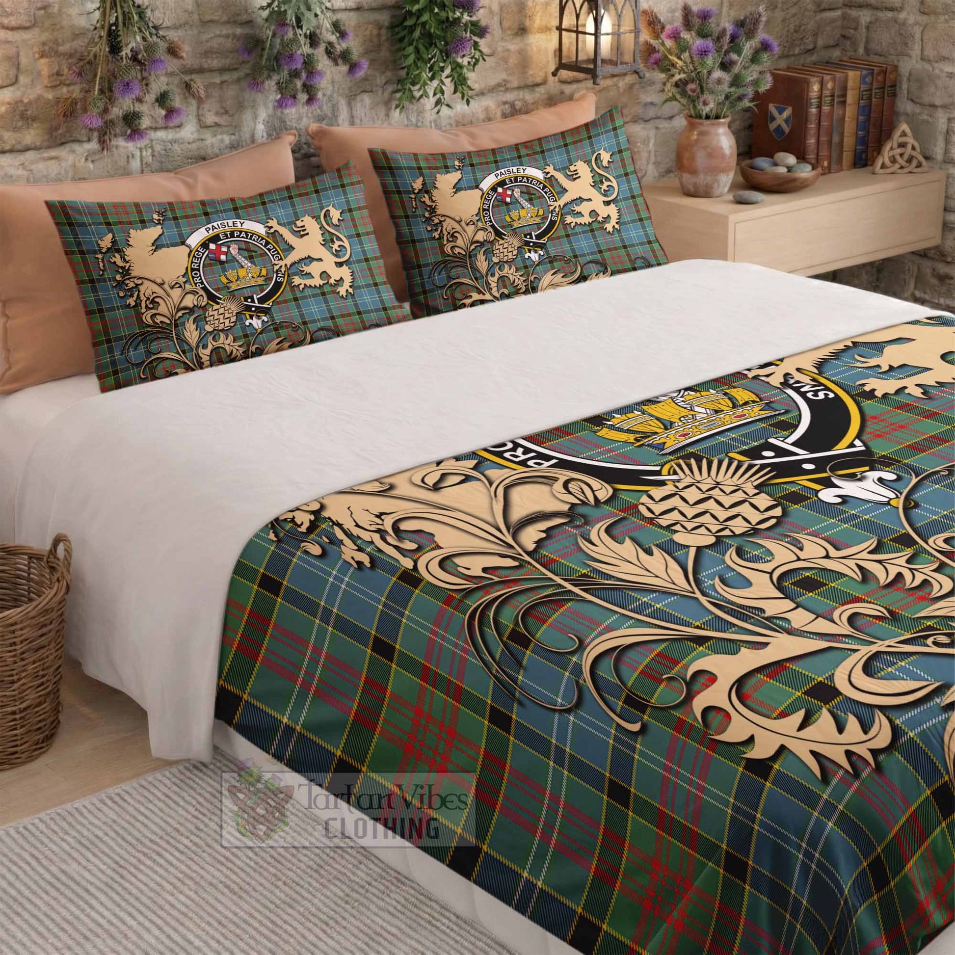 Paisley Tartan Crest Bedding Set with Scottish Iconic Symbols 