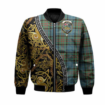 Paisley Tartan Crest Bomber Jacket Celtic Knot and Triple Trickle Spiral Symbols