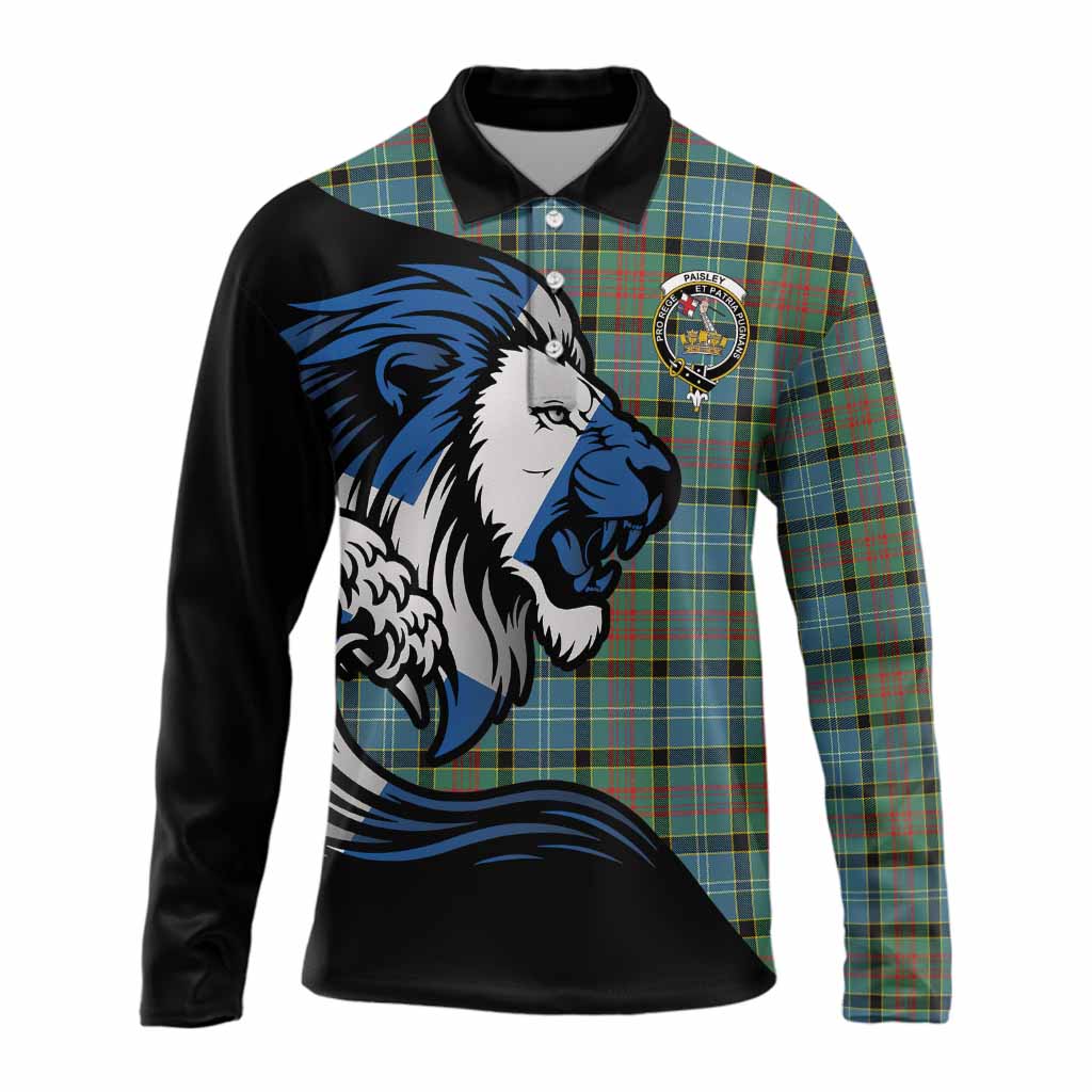 Paisley Tartan Crest Long Sleeve Polo Shirt Scottish Golden Lions Wave Flow