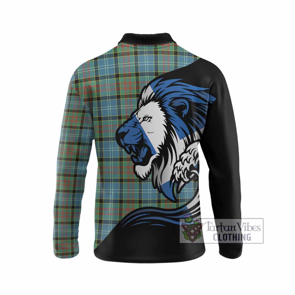 Paisley Tartan Crest Long Sleeve Polo Shirt Scottish Golden Lions Wave Flow