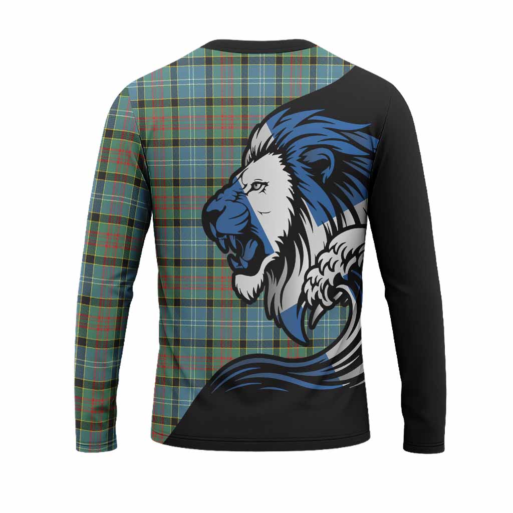 Paisley Tartan Crest Long Sleeve T-Shirt Scottish Golden Lions Wave Flow