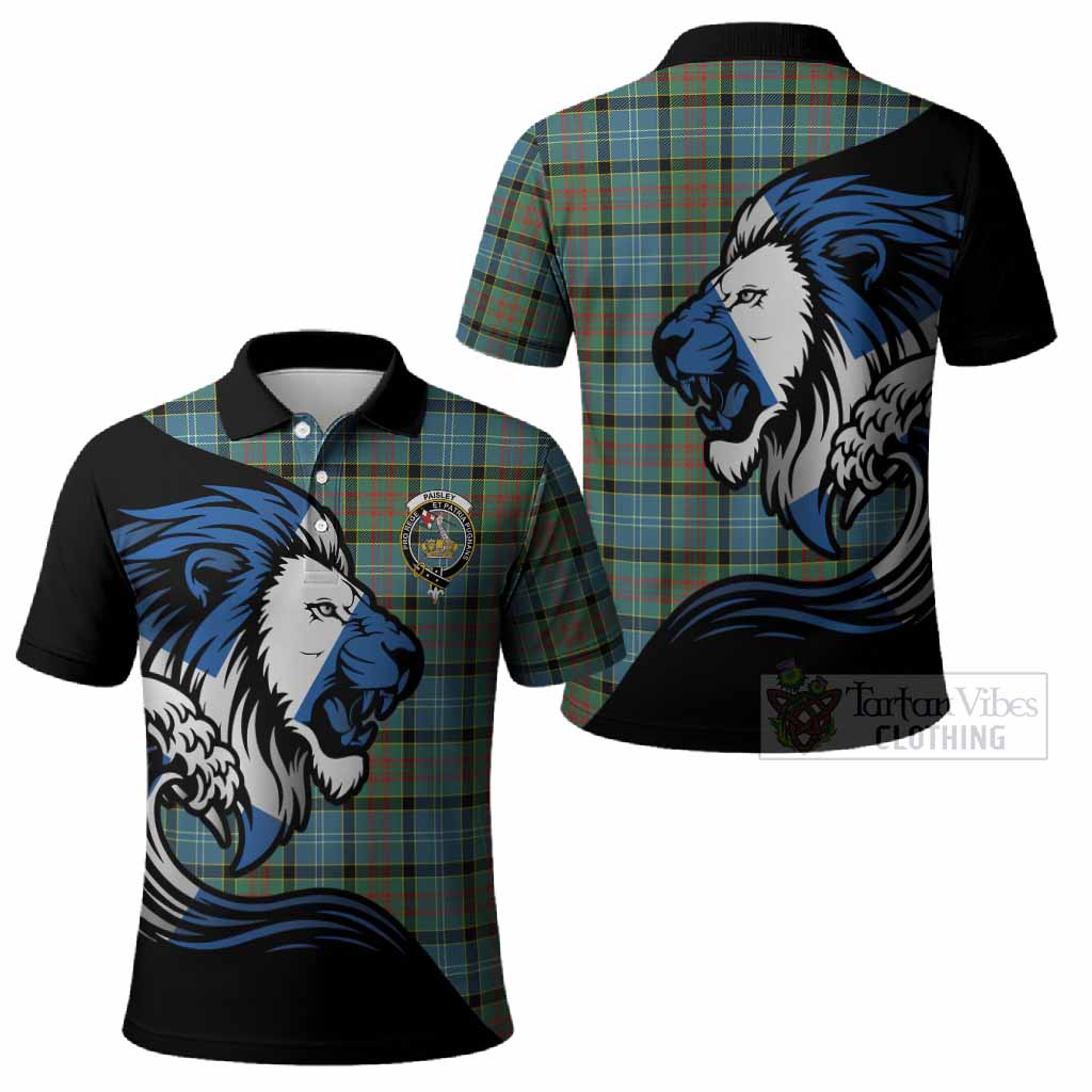 Paisley Tartan Crest Polo Shirt Scottish Golden Lions Wave Flow