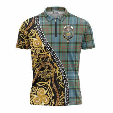 Paisley Tartan Crest Zipper Polo Shirt Celtic Knot and Triple Trickle Spiral Symbols