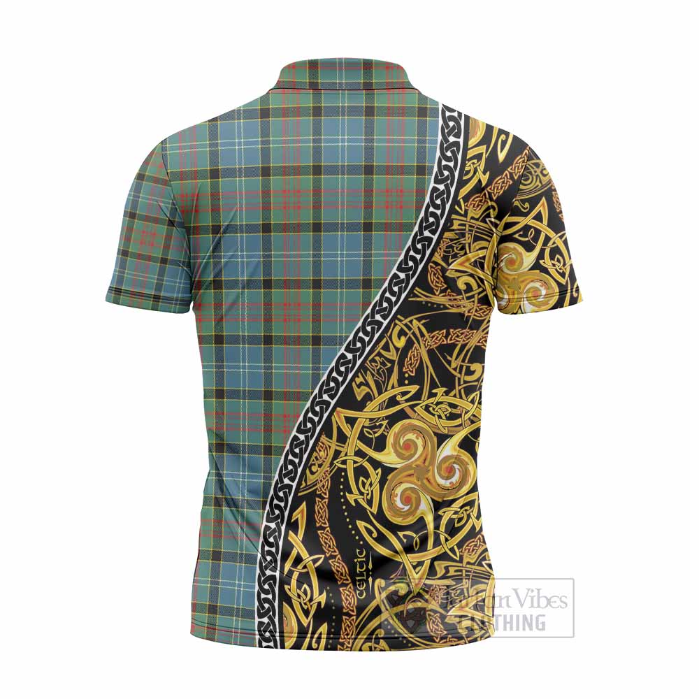 Paisley Tartan Crest Zipper Polo Shirt Celtic Knot and Triple Trickle Spiral Symbols