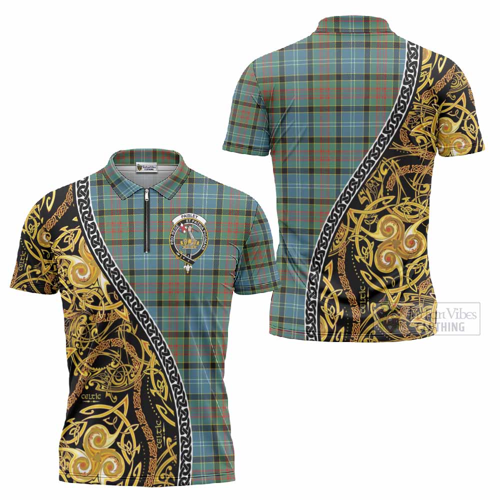 Paisley Tartan Crest Zipper Polo Shirt Celtic Knot and Triple Trickle Spiral Symbols
