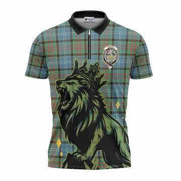 Paisley Tartan Family Crest Zipper Polo Shirt Crowned Lion Roaring