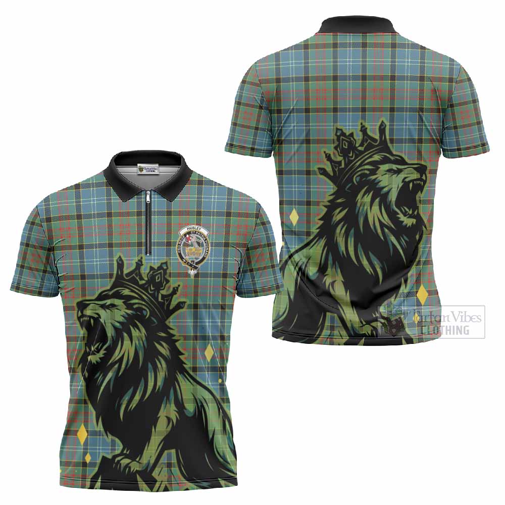 Paisley Tartan Family Crest Zipper Polo Shirt Crowned Lion Roaring