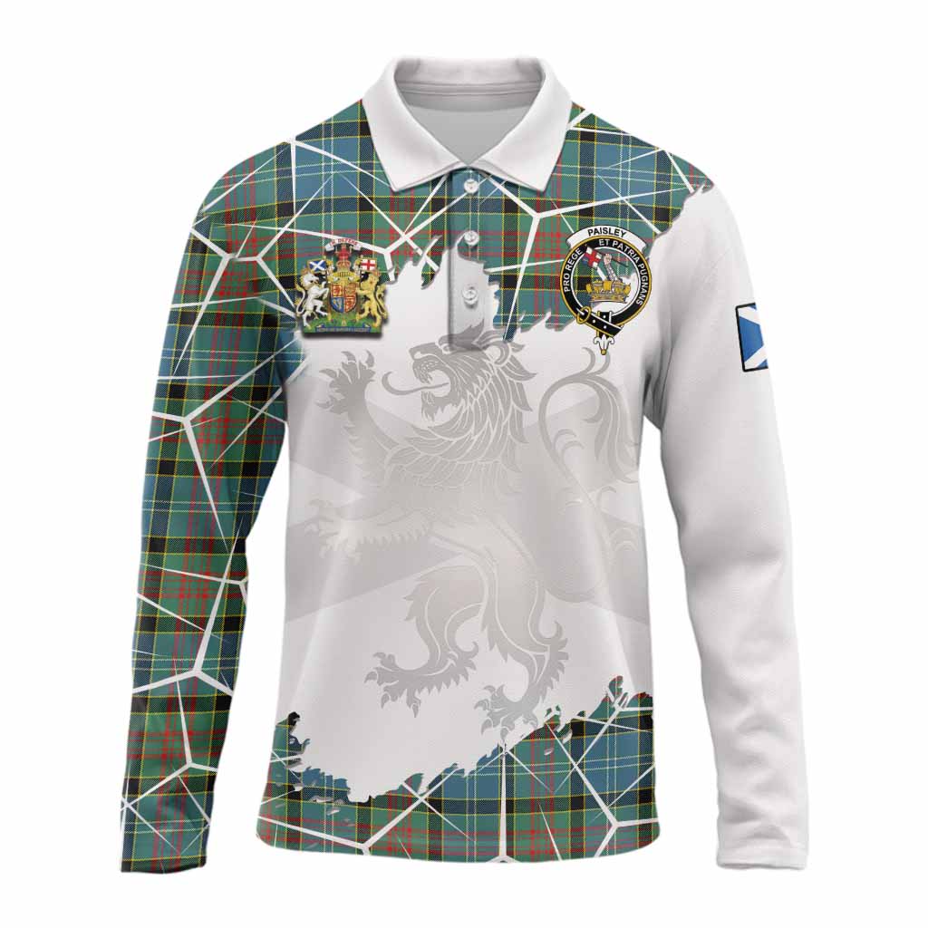 Paisley Tartan Long Sleeve Polo Shirt with Family Crest and Lion Rampant Grunge Style