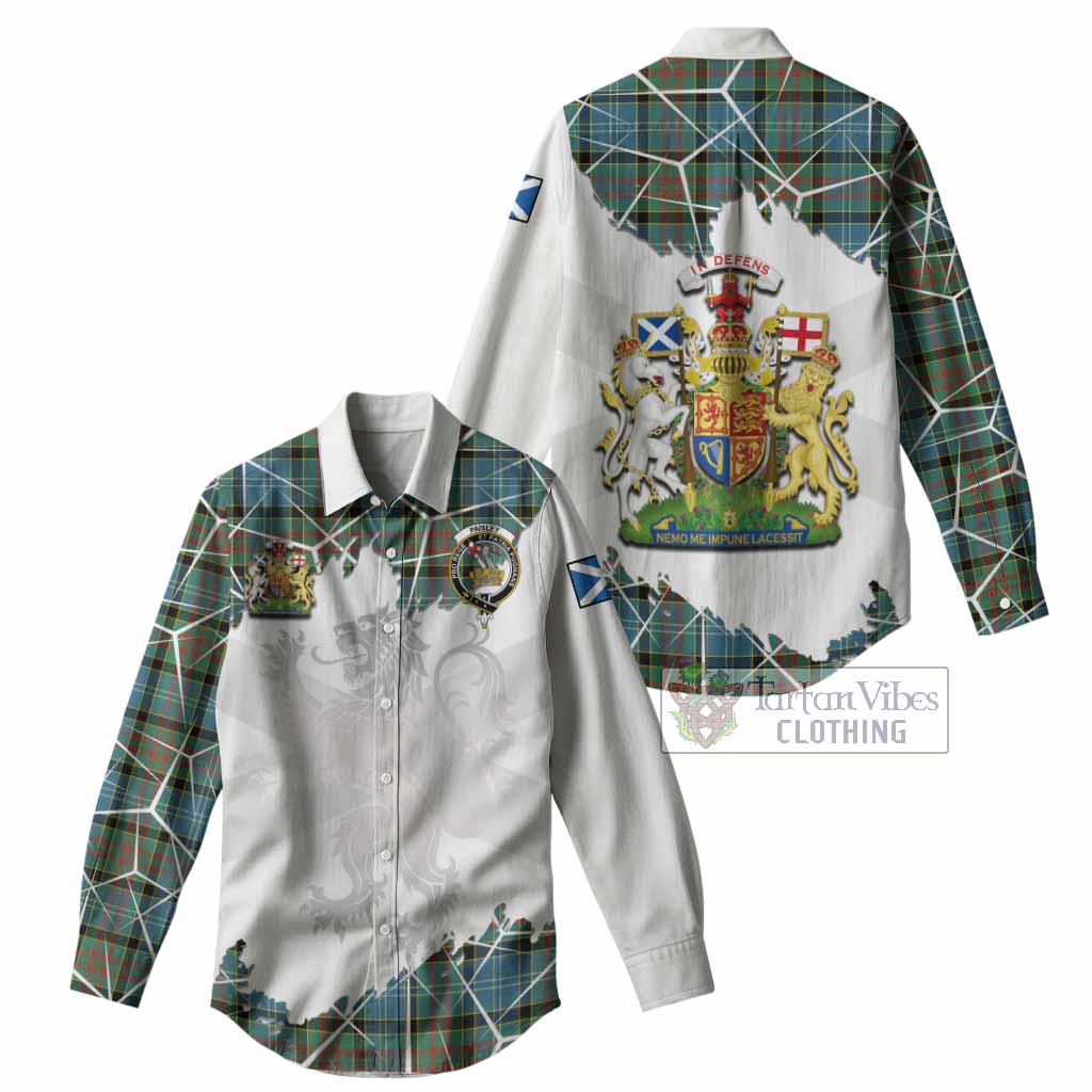 Paisley Tartan Women Casual Shirt with Family Crest and Lion Rampant Grunge Style