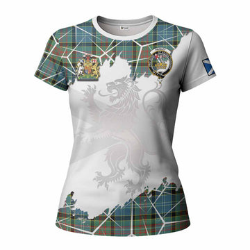 Paisley Tartan Women T shirt with Family Crest and Lion Rampant Grunge Style