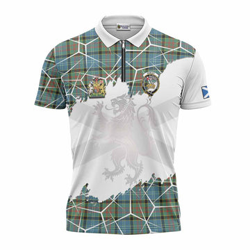 Paisley Tartan Zipper Polo Shirt with Family Crest and Lion Rampant Grunge Style