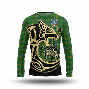 Tartan Vibes Clothing Palles Irish Tartan Long Sleeve T-Shirt with Coat of Arms Celtic Wolf Style