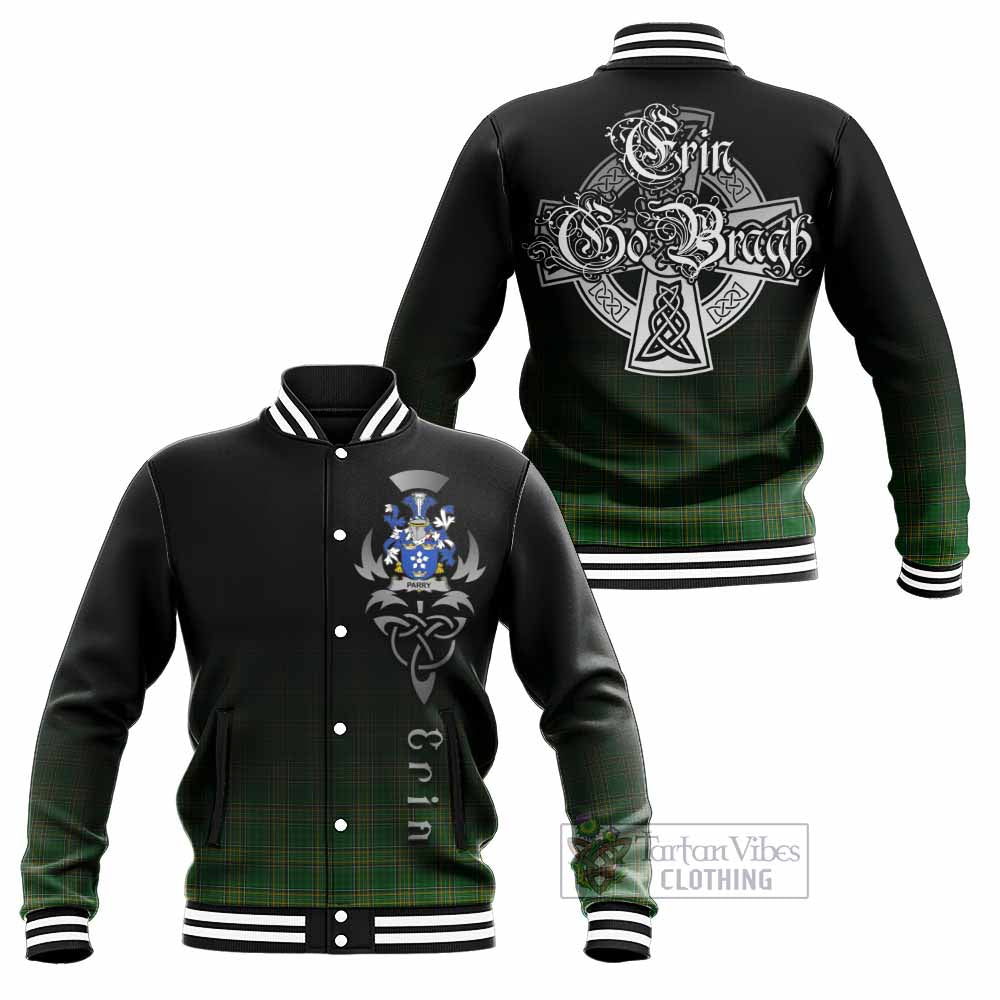 Tartan Vibes Clothing Parry Irish Clan Baseball Jacket with Coat of Arms Erin Go Bragh Celtic Inspired