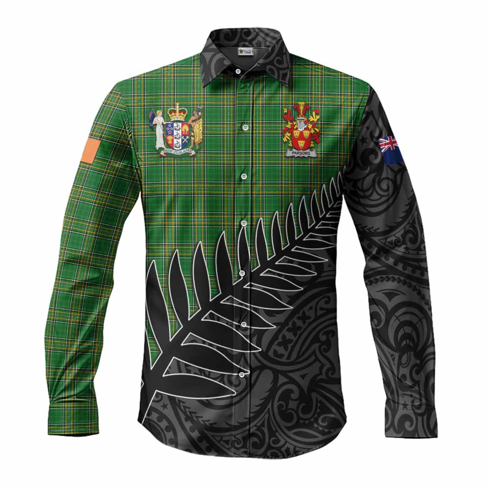 Tartan Vibes Clothing Parsons Irish Clan Tartan Long Sleeve Button Shirt with Coat of Arms New Zealand Silver Fern Half Style