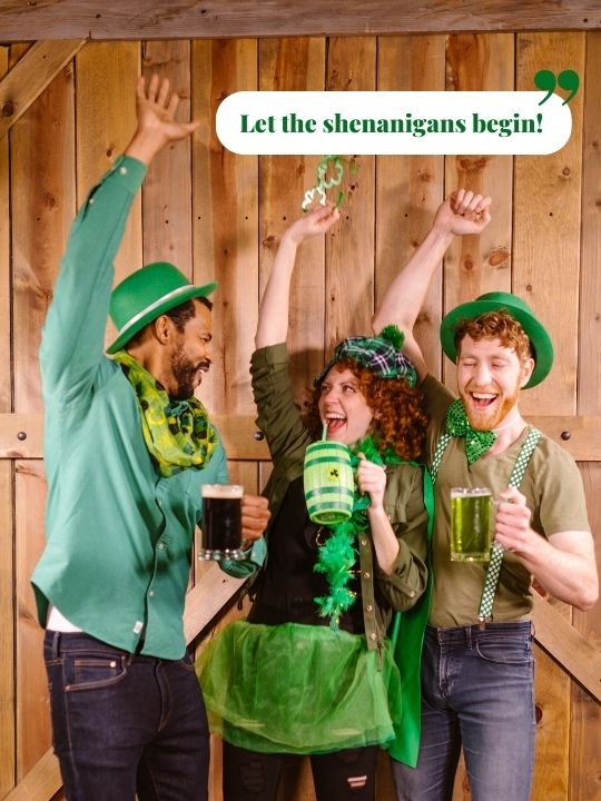 Friends in green cheering with beers for St. Patrick’s Day squad