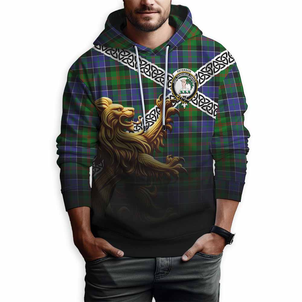 Tartan Vibes Clothing Paterson Crest Tartan Hoodie with Golden Lion Emblem Celtic Style