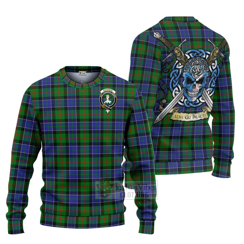 Tartan Vibes Clothing Paterson Tartan Knitted Sweater with Family Crest Celtic Skull Style