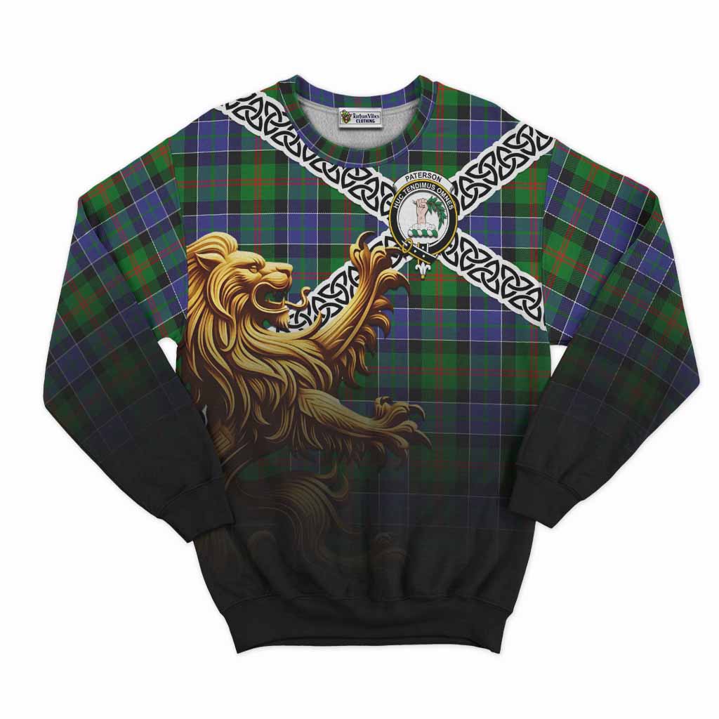 Tartan Vibes Clothing Paterson Crest Tartan Sweatshirt with Golden Lion Emblem Celtic Style