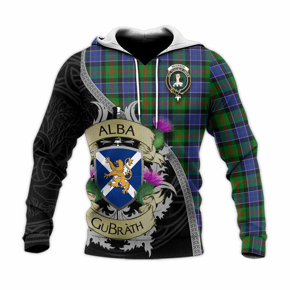 Tartan Vibes Clothing Paterson Tartan Family Crest Knitted Hoodie Lion Rampant Royal Thistle Shield Celtic Inspired