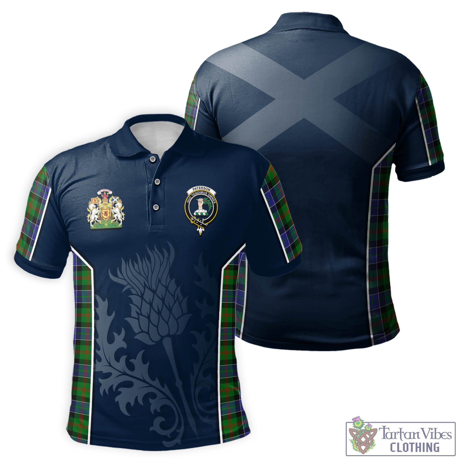 Tartan Vibes Clothing Paterson Tartan Men's Polo Shirt with Family Crest and Scottish Thistle Vibes Sport Style