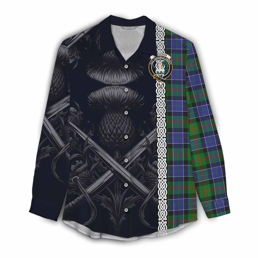 Tartan Vibes Clothing Paterson Tartan Women's Casual Shirt with Family Crest Cross Sword Thistle Celtic Vibes