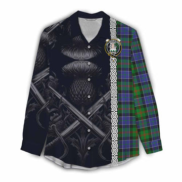 Tartan Vibes Clothing Paterson Tartan Women's Casual Shirt with Family Crest Cross Sword Thistle Celtic Vibes