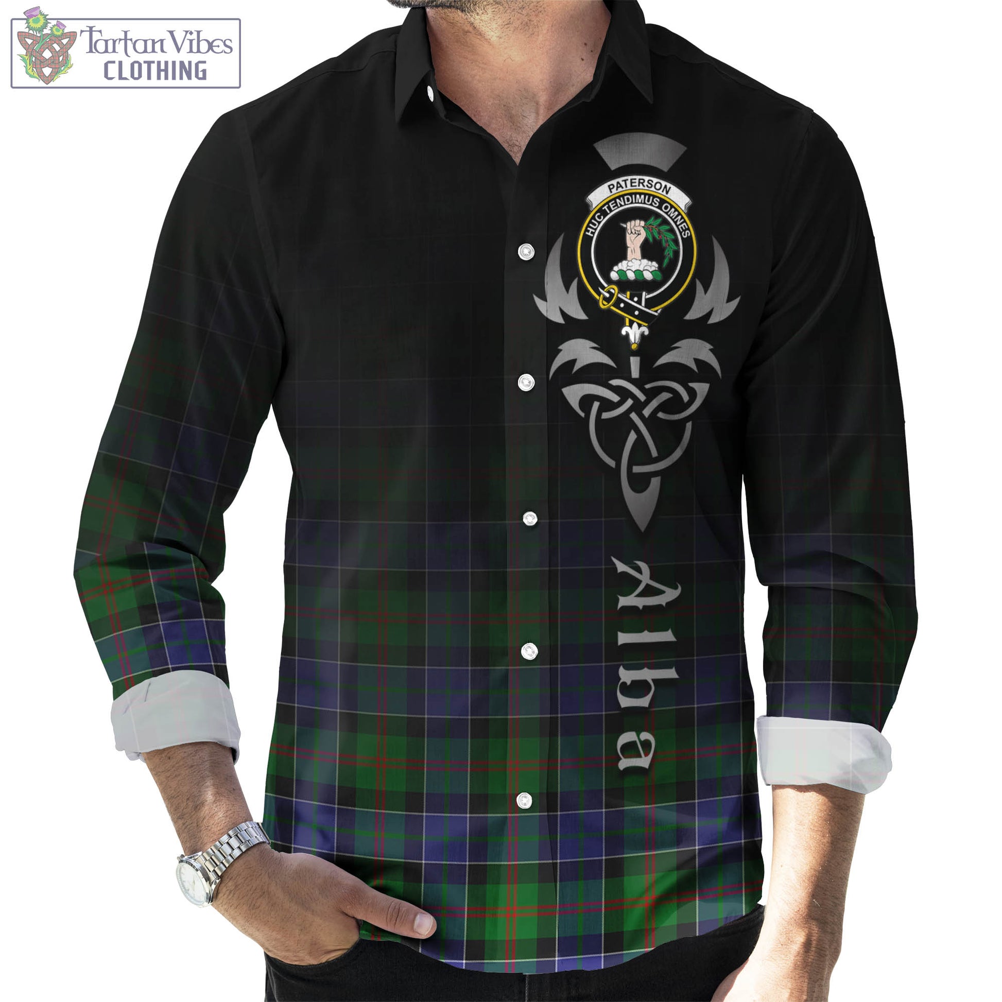 Tartan Vibes Clothing Paterson Tartan Long Sleeve Button Up Featuring Alba Gu Brath Family Crest Celtic Inspired