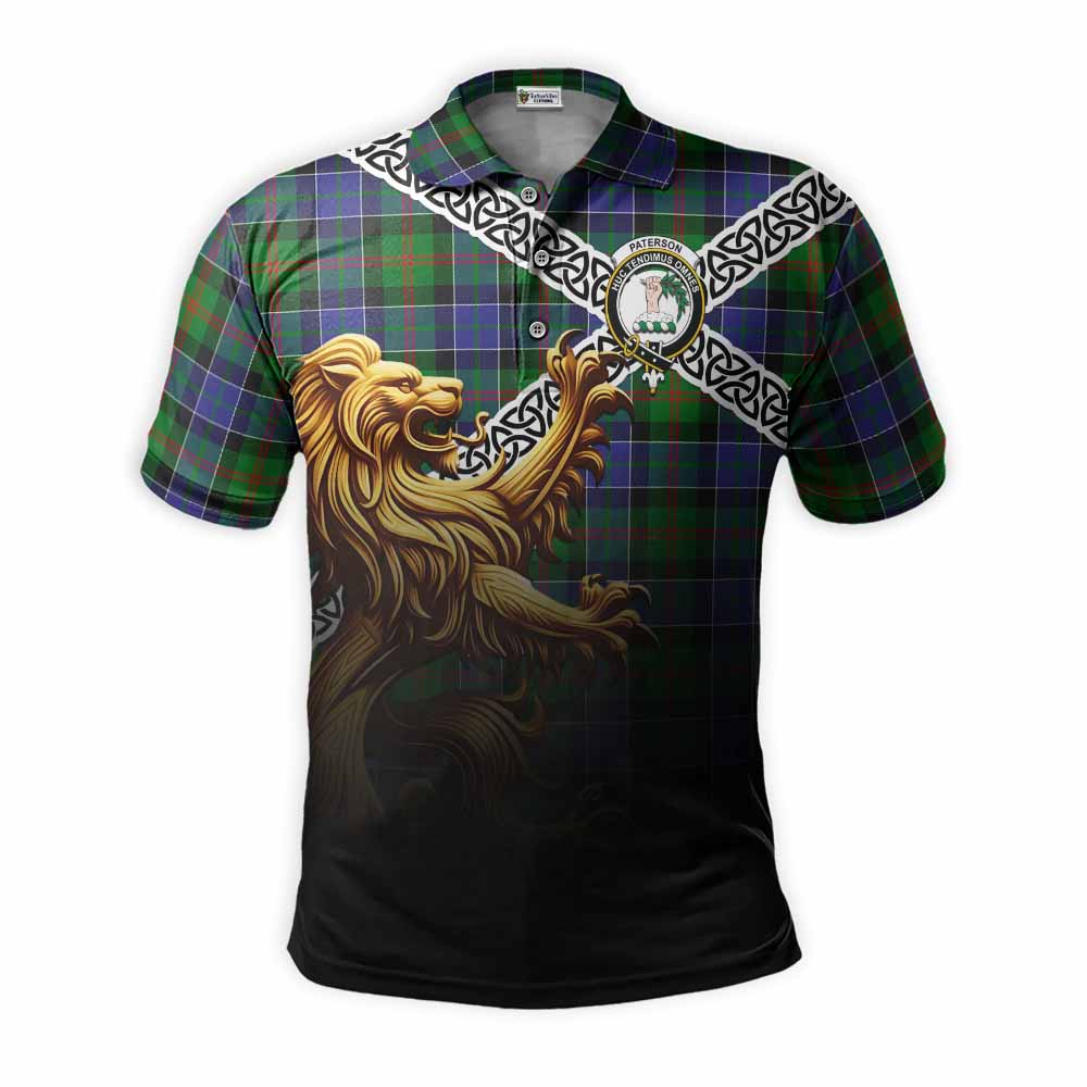 Tartan Vibes Clothing Paterson Crest Tartan Polo Shirt with Golden Lion Emblem Celtic Style