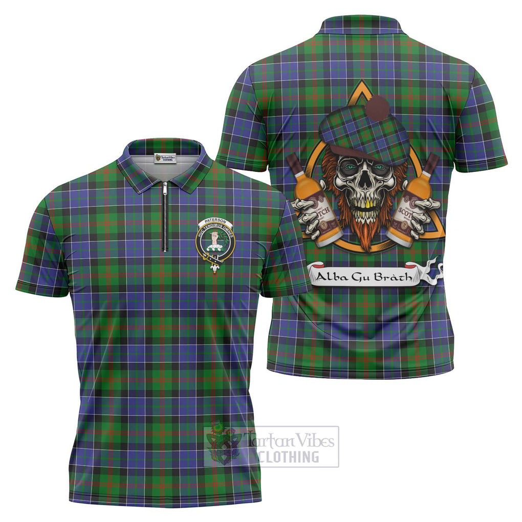 Tartan Vibes Clothing Paterson Tartan Zipper Polo Shirt with Family Crest and Bearded Skull Holding Bottles of Whiskey
