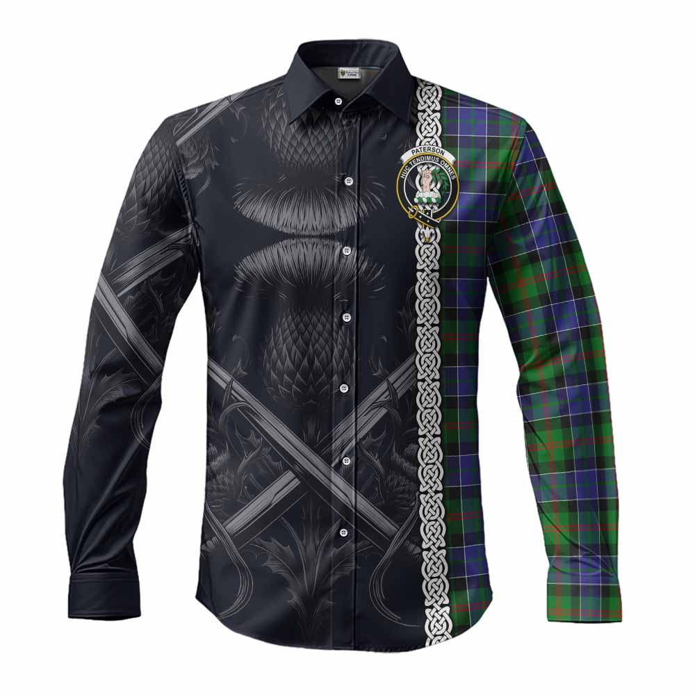 Tartan Vibes Clothing Paterson Tartan Long Sleeve Button Shirt with Family Crest Cross Sword Thistle Celtic Vibes