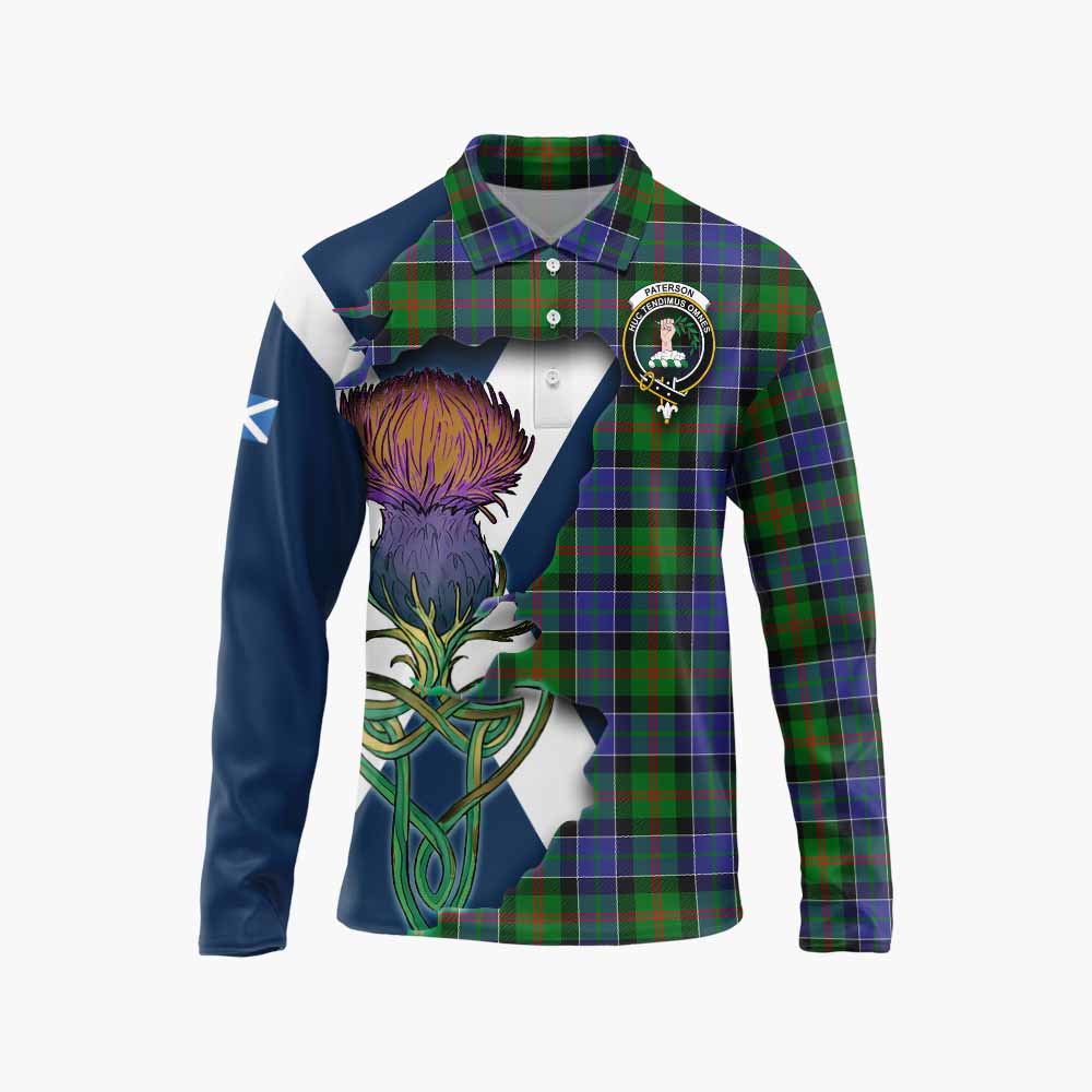 Tartan Vibes Clothing Paterson Tartan Family Crest Long Sleeve Polo Shirt Scottish Thistle Celtic Inspired