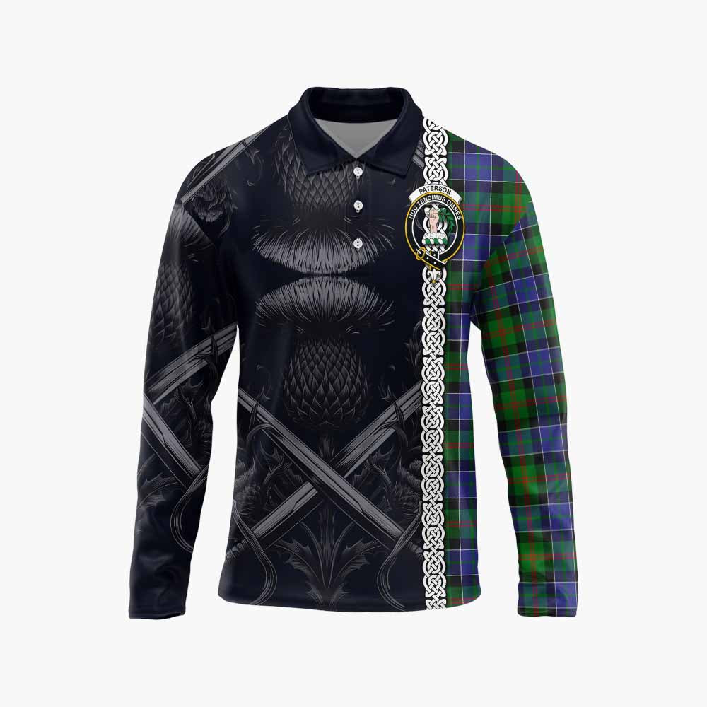 Tartan Vibes Clothing Paterson Tartan Long Sleeve Polo Shirt with Family Crest Cross Sword Thistle Celtic Vibes