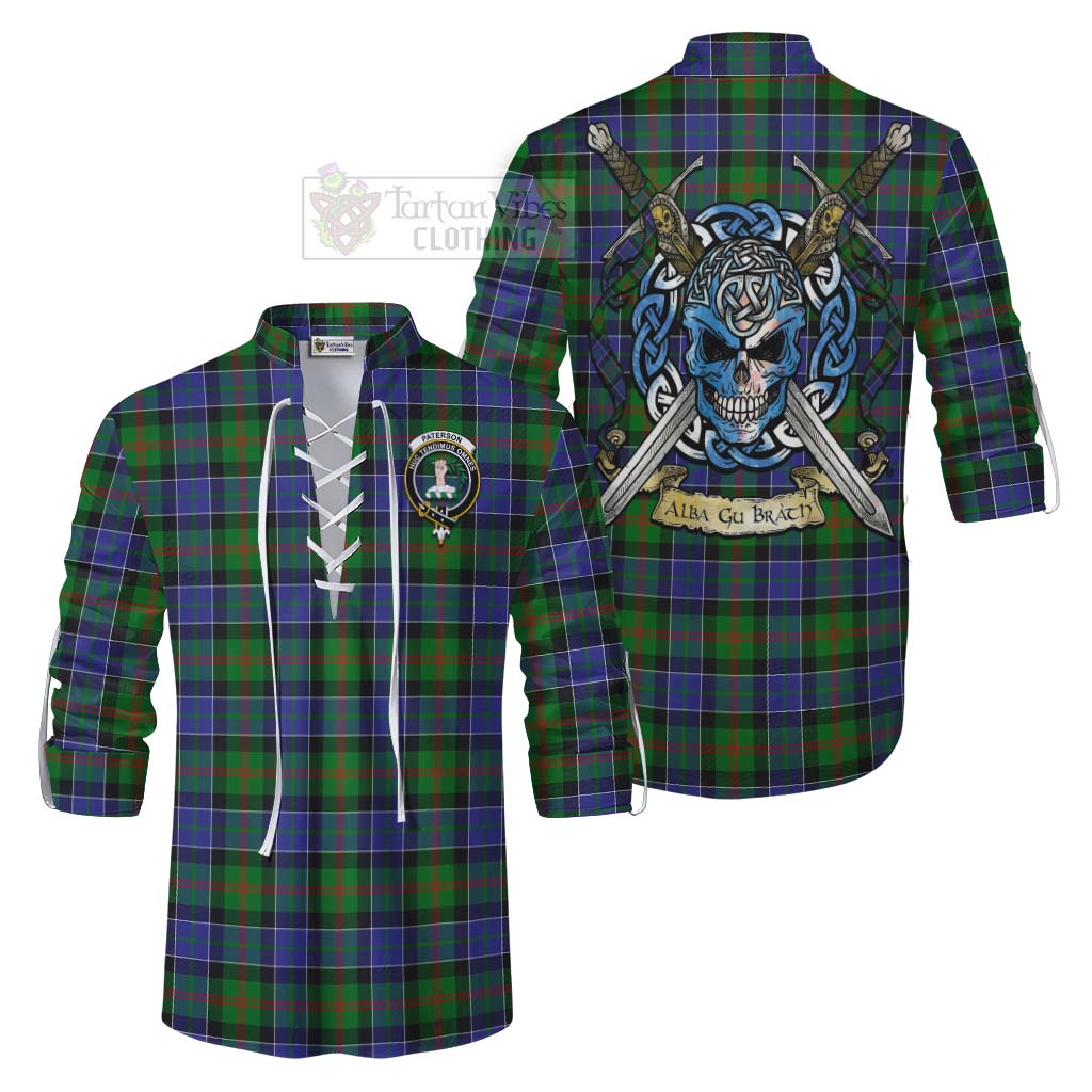Tartan Vibes Clothing Paterson Tartan Ghillie Kilt Shirt with Family Crest Celtic Skull Style