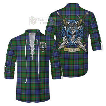 Tartan Vibes Clothing Paterson Tartan Ghillie Kilt Shirt with Family Crest Celtic Skull Style