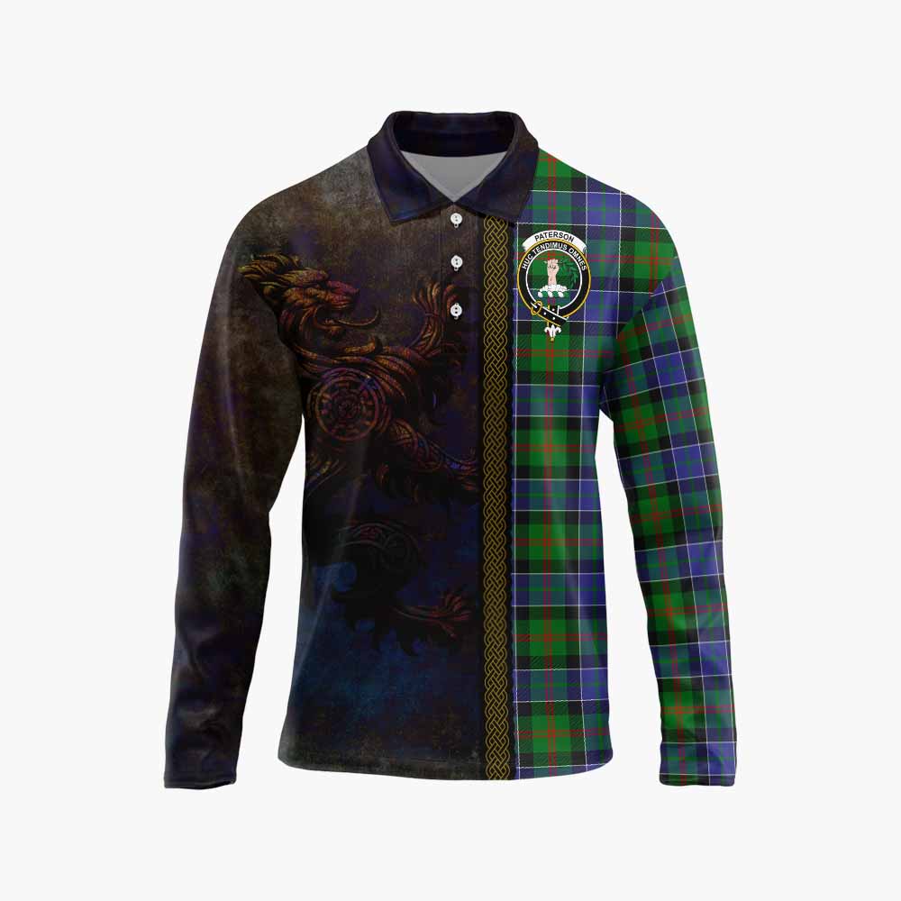 Tartan Vibes Clothing Paterson Tartan Family Crest Long Sleeve Polo Shirt Alba Gu Brath Be Brave Lion Ancient Style