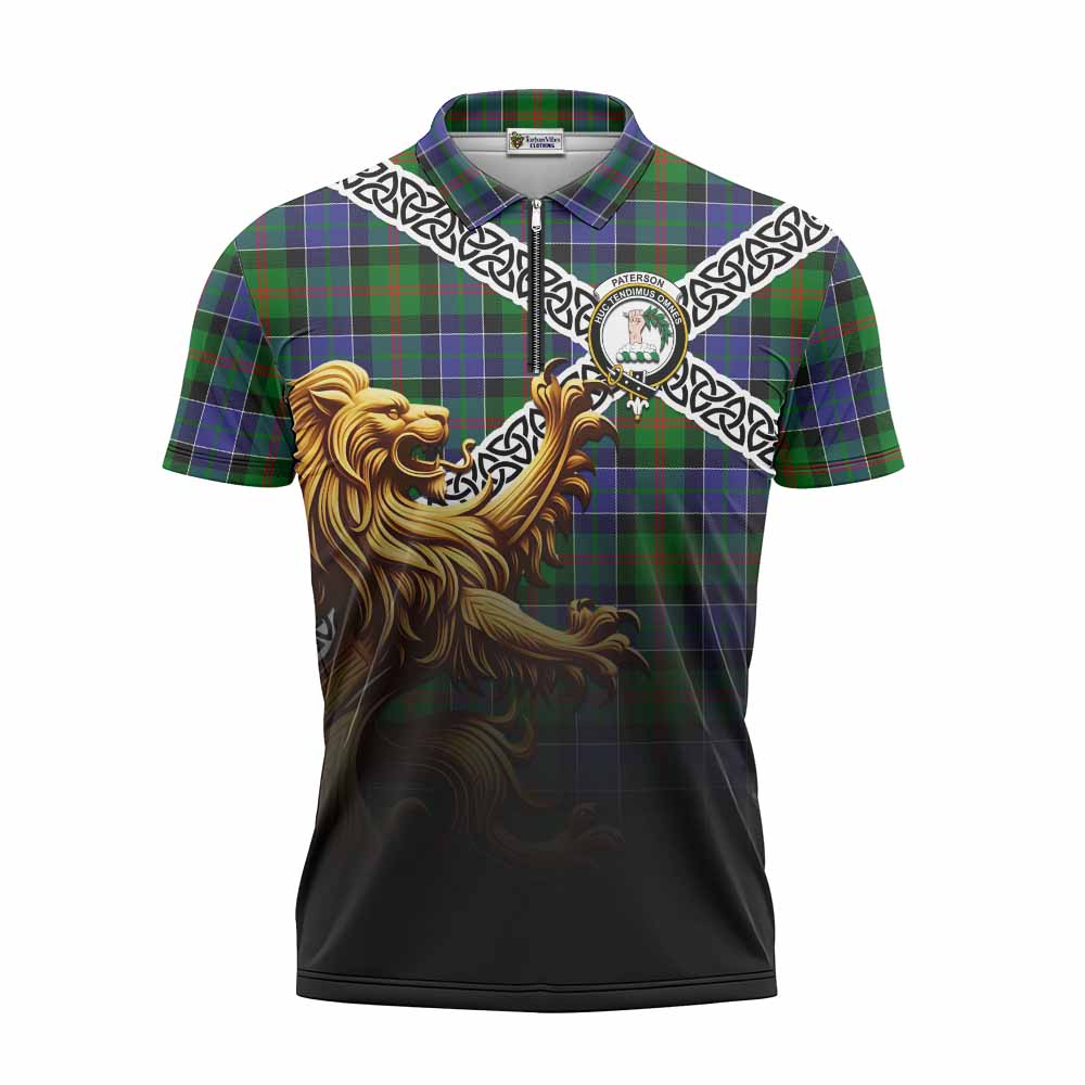 Tartan Vibes Clothing Paterson Crest Tartan Zipper Polo Shirt with Golden Lion Emblem Celtic Style