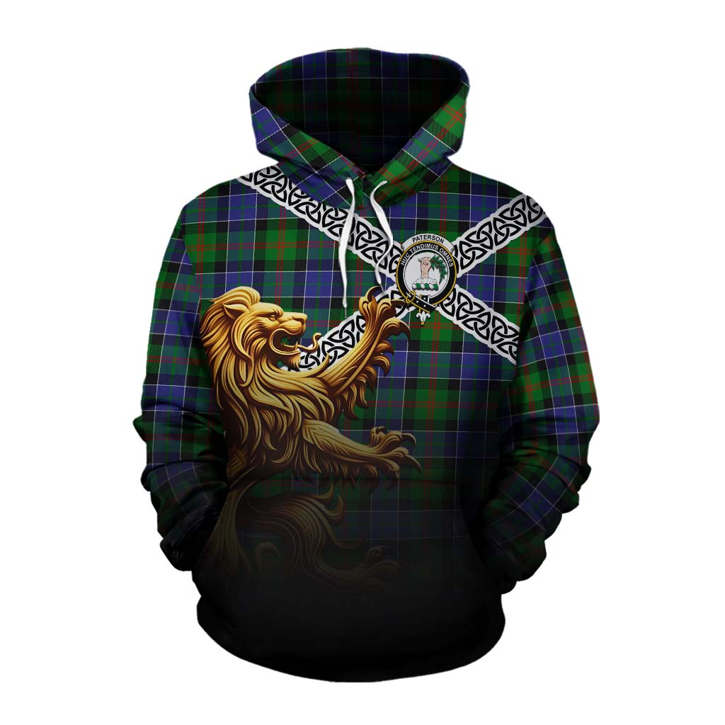 Tartan Vibes Clothing Paterson Crest Tartan Cotton Hoodie with Golden Lion Emblem Celtic Style