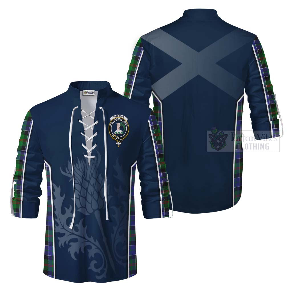 Tartan Vibes Clothing Paterson Tartan Ghillie Kilt Shirt with Family Crest and Scottish Thistle Vibes Sport Style
