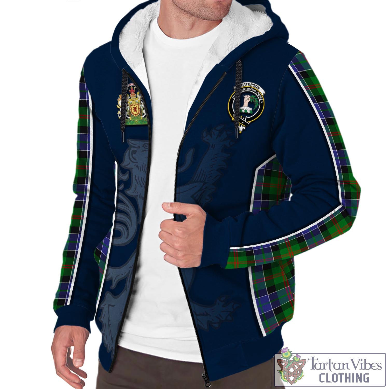 Tartan Vibes Clothing Paterson Tartan Sherpa Hoodie with Family Crest and Lion Rampant Vibes Sport Style