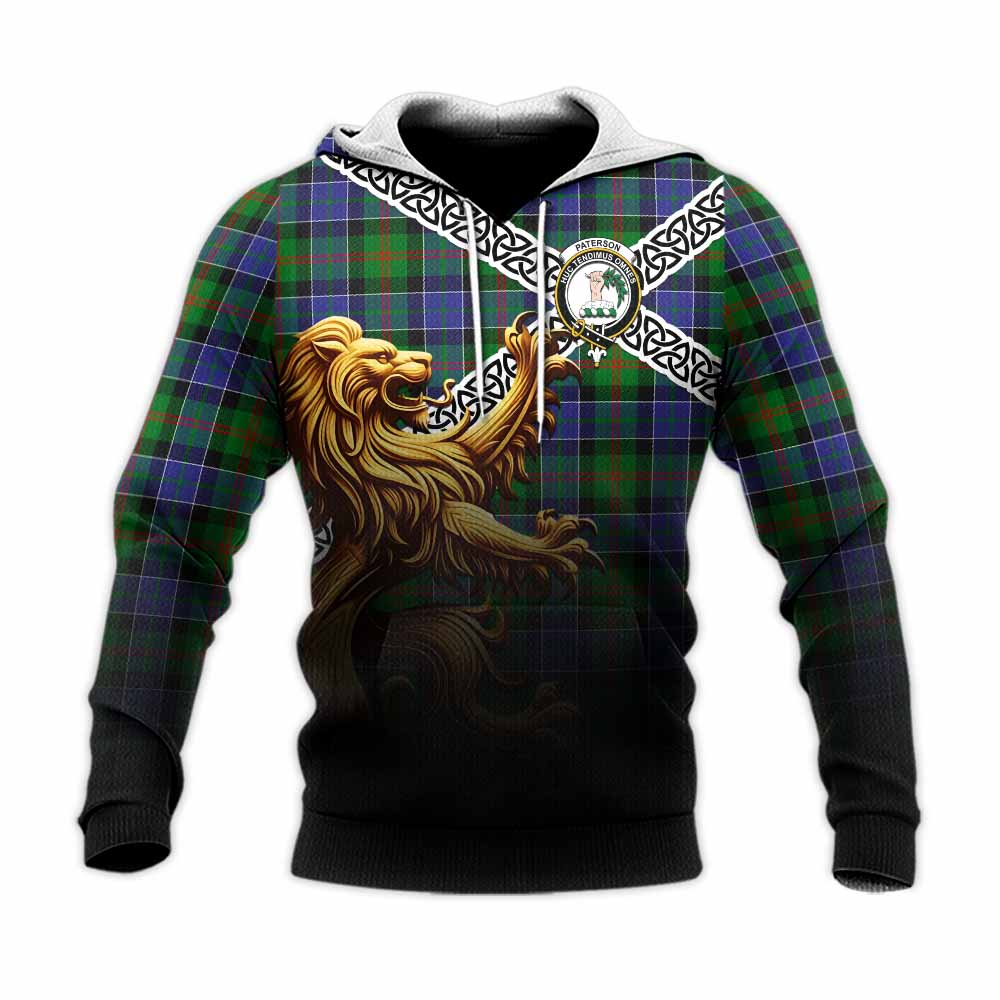 Tartan Vibes Clothing Paterson Crest Tartan Knitted Hoodie with Golden Lion Emblem Celtic Style